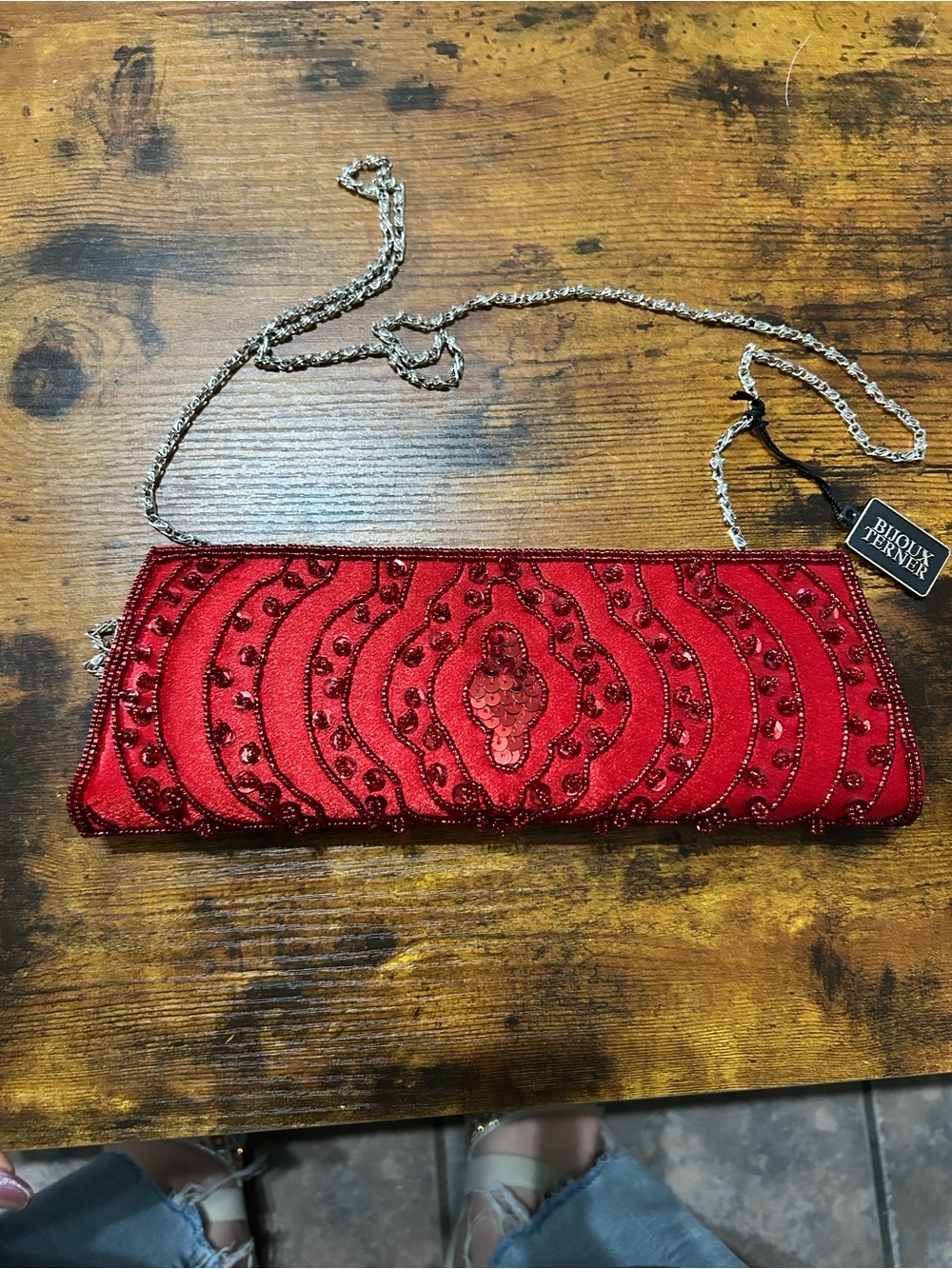 Bijoux Terner Red Beaded Evening Clutch with Chain